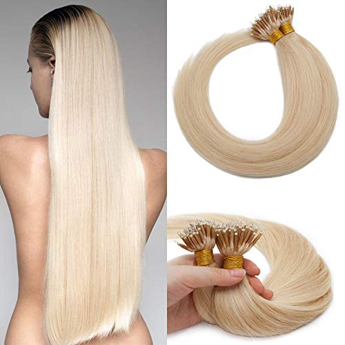 S-noilite 24" Nano Beads Remy Hair Extensions 1g/strand 50 Strands/pack Full Head Nano Ring Extension 100% Human Hair #60 Platinum Blonde