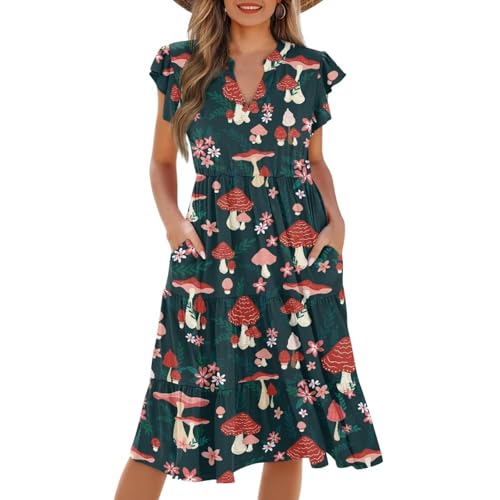 Image of Women's Casual Ruffle Sleeve Dress V Neck Pullover Dress Flowy A-Line Pleated Lightweight Dress with Pockets