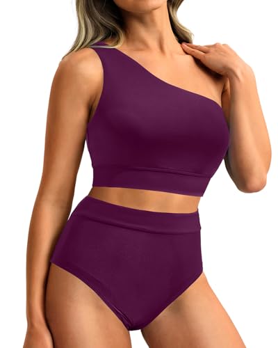 Image of Holipick Women One Shoulder High Waisted Bikini Sets Two Piece Swimsuit Tummy Control Bathing Suit Full Coverage Swimwear