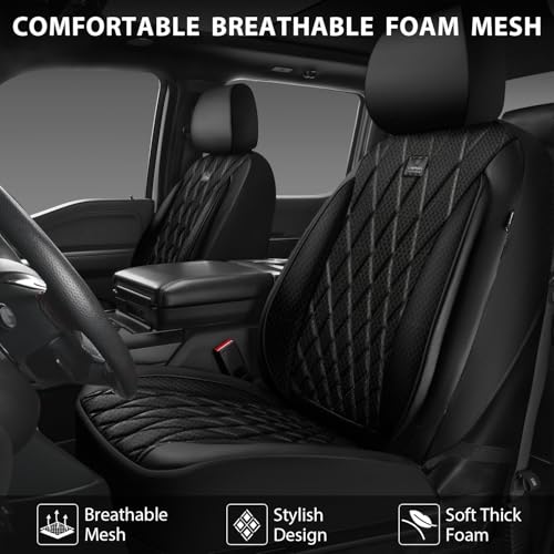 Image of CAR PASS Thick Foam 3D Air Mesh Leather Car Seat Covers Front Seats Only, Luxury Breathable Premuim PU Leather Two Front Seat Covers,Airbag Compatible Universal Fit for 95% Sedan Van Truck SUV, Black
