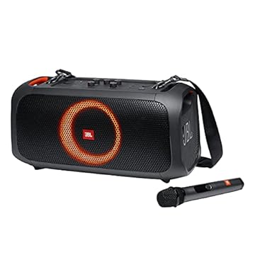 JBL Partybox On-The-Go - Um Alto-Falante Portátil De Festa De Karaokê Com Microfone Sem Fio, Saída De Potência 100W, Ipx4 Splashproof, 6 Horas De Playtime, Alça De Ombro E Arredores Sem Fio De Alto-Fa