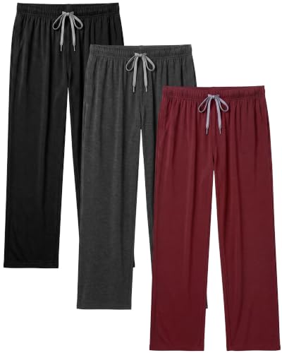 Image of 3 Pack Mens Cotton Pajamas Pants Lounge Pjs Bottoms Sleepwear Bottoms Soft Pants with Pockets Drawstring
