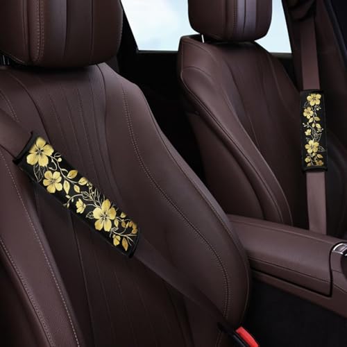 Image of AFPANQZ Golden Floral Seat Belt Cover Pads Cushion Universal Fit Safety Seatbelt Pillow Head and Neck Support Adjustable Driver Shoulder Protection Luggage Bag Strap Pad
