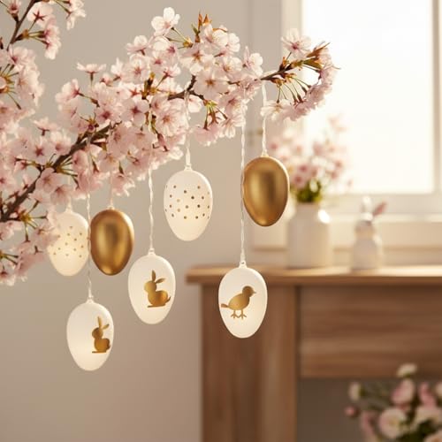 Miniatura 3 de Com-Four 16x Huevos De Pascua Con Estampado Blanco Dorado Para Colgar - Coloridos Huevos De Pascua - Decoración Para El Arbusto De Pascua Y Primavera 16 Piezas - Dorado Blanco