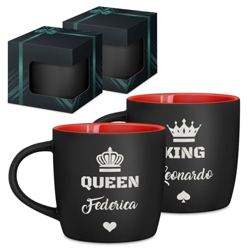Maverton Set di 2 Tazze Colazione - Due Tazze Personalizzate in Ceramica per Coppia - Tazzine Caffe Nere Opache con Interno Rosso- Idee Regalo Fidanzato Anniversario Genitori