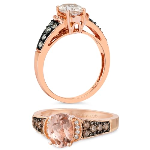 LE VIAN 1/4 Carat Diamond and 0.90 Carat Oval Morganite Milgrain Ring for Women In 14K Rose Gold (Fancy Brown/H-I SI1-SI2 Cttw) Promise Anniversary Ring Size 5