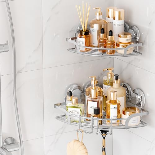 TAILI Powerful Suction Cup Corner Shower Caddy 2 Pack, Stainless Steel Rustproof Shower Shelf with Hook, Drill-Free Wall Mounted Basket, Large Capacity Removable Suction Cup Bathroom Organizer, Silver