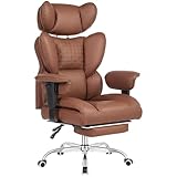 DUMOS Big and Tall Home Office Desk Chair, Gaming Computer Chair, Executive Ergonomic Chair with Footrest, High Back Reclining, Adjustable Armrests and Comfy Lumbar Support, PU Leather, Brown