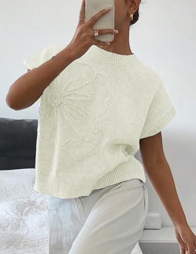 Image of 2026 Womens Floral Sweater Vest Cute Cap Sleeve Tops 3D Flower Decor Knit Tank Top Loose Spring Fall Summer Clothes
