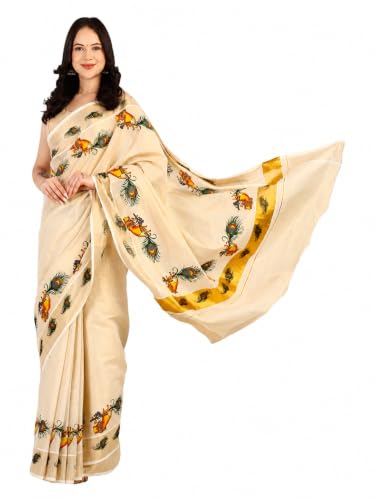 Image of Women's Kerala Tissue Plain Saree with Running Blouse| Onam & Vishu Kani Special | Traditional Kasavu White Colour