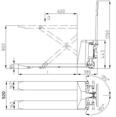 Transpaleta Manual de Tijera 1.500kg, Horquillas 1.100 x 520mm, Elevación 800mm