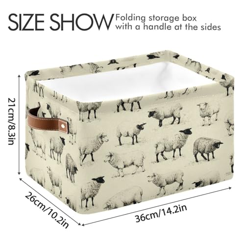 Image of Kigai Cute Sheep Storage Basket with Handles Waterproof Collapsible Storage Bin Canvas Fabric Basket Decorative Box Closet Organizer for Nursery Bedroom Office