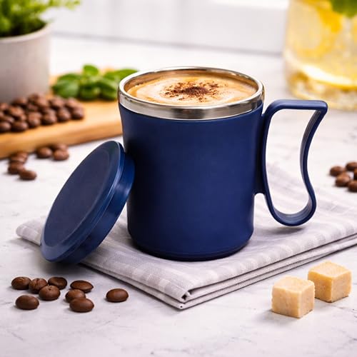 Image of Insulated Stainless Steel Coffee Mug with Lid, 300ml, Double Wall, Reusable Travel Mug for Home & Office (Navy Blue - Sky Blue)