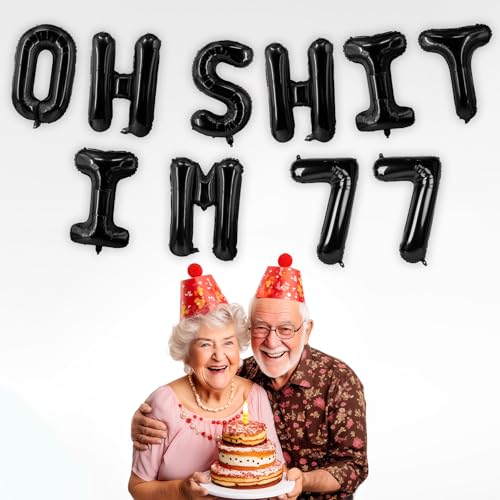 Image of Oh I'm 77! Latex Balloons 16 Inch Black Hallo Seventy Seven Cheers to 77 Years Old Theme Decor for Man Woman Happy 77th Birthday Party Photo Studio Prop Flag Decorations