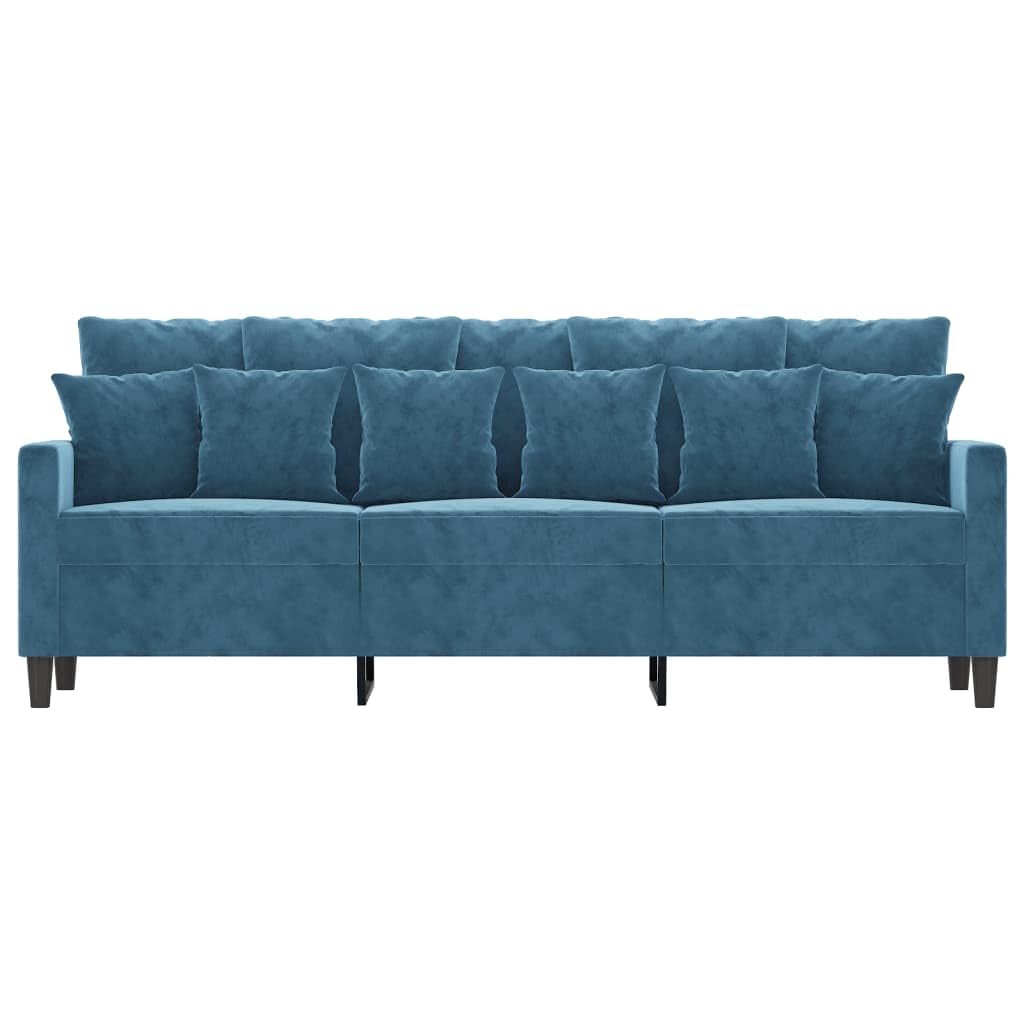 Sofa 3-osobowa, szerokość 180 cm, niebieski aksamit, metalowa rama, przytulna tapicerka, do salonu, nowoczesne wzornictwo, wytrzymała i stabilna