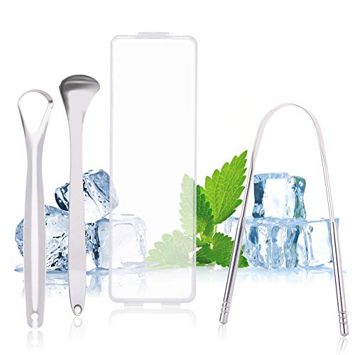 UNIMEIX Tongue Scraper Cleaner (3Pack), metal Tongue Scrapers for Adults Stainless Steel Tongue Cleaners Reduce Bad Breath Tongue Brush Dental Kit with Case