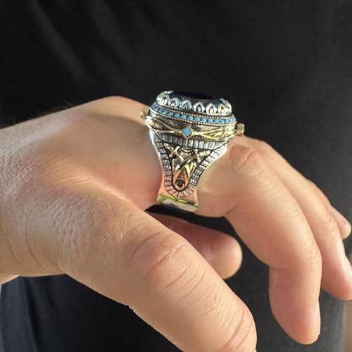 925 Sterling Silver Aquamarine Stone Turkish Handmade Men's Ring4
