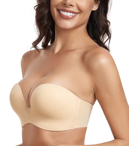 Image of Lemorosy Women's Wireless Push Up Anti-Slip Strapless Bra | Non-Slip Stay-Put Support, No Underwire, Invisible Plunge Padded Cups, Comfortable Everyday Wear