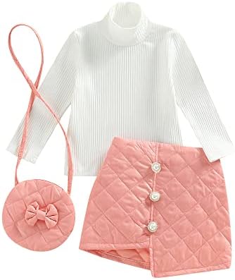 Toddler Baby Girl Clothes Set Ribbed Knitted Tops T-shirtIrrgular Hem Short Skirts Outfits with Shoulder Bag (Z# 3Pcs - White Pink, 1-2 Years)
