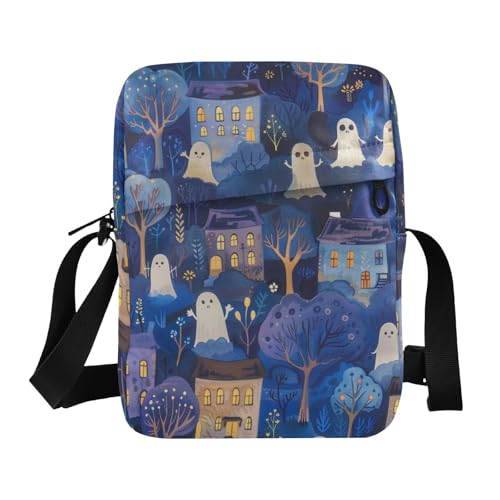 KLL Halloween Villages Blue Illustration Cut small messenger bag for men Vegan Leather mens crossbody bag Shopping Ladies Shoulder Handbags