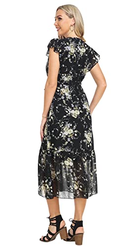 Image of VintageClothing Womens Sundress Casual Floral Summer Boho Dress | Flowy Wrap V Neck Ruffle A-Line Pleated Hem Midi Dresses