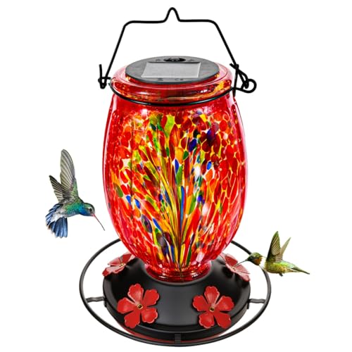Solar Hummingbird Feeder for Outdoors Hanging Patio Designed 32 Ounces Colorful Hand Blown Glass Hummingbird Feeder 5 Feeding Ports with Perch Never Leak (Red)