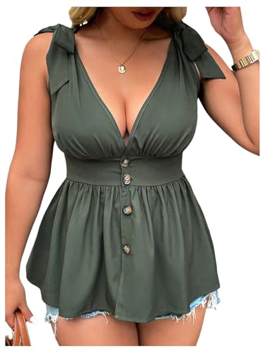 SOLY HUX Women's Plus Size Tank Top Tie Shoulder V Neck Sleeveless Peplum Button Down Tops