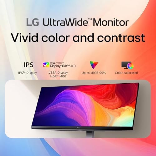 Image of LG 34 Inch UltraWide Monitor, 21:9 WFHD (2560 x 1080) IPS Display, 100Hz, VESA DisplayHDR 400, FreeSync, Flicker Safe, USB Type-C, HDMI, DisplayPort, Speakers, VESA Mount, Home Office Computer,Black