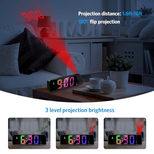 Projection Alarm Clock for Bedrooms, 7.9" Large LED Display Alarm Clock with 180° Projection on Ceiling Wall with 4 Level Brightness, USB Charging,12/24H, Battery Backup, Snooze - Image 3