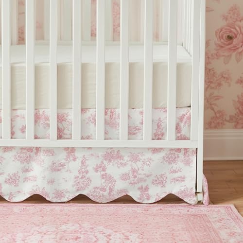 Image of Brandream Scallop Edge Cotton Crib Skirt, Baby Girl, French Country Pink Toile Crib Skirt Toddler Bedskirt Farmhouse Chic Nursery Crib Bed Skirt, Boho Bohemian Vintage Floral Print