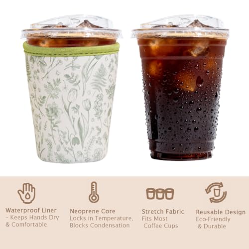 Image of Reusable Insulated Sleeve for Iced Coffee Cup, 3-Pack Coffee Neoprene Drink Sleeve for Cold & Hot Drinks, Beverage Holder for Iced Coffee (Sage Fern Florals)