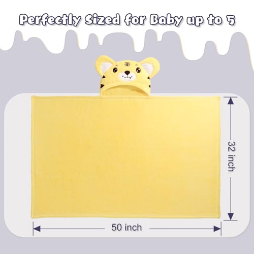 Image of Extra Large Baby Bath Towels Hooded, 50 x 32 Inch Large Toddler Towel with Hood Set, Animal Face Hooded for Kids Boy&Girl, Yellow Tiger & Green Dinosaur