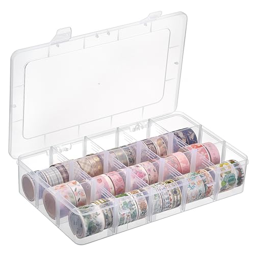 Image of BTSKY 1 PCS Plastic Washi Tape Organizer, Adjustable 15-Grid Compartment Washi Tape Storage Case, Clear Sticker Storage Box for Scrapbook Organizers and Storage, Universal Jewelry Box Bead Organizer