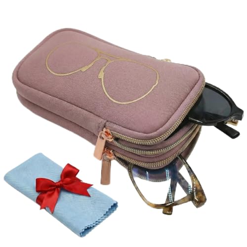 Thalirene Double Glasses Case Neoprene Pouch Soft Eyeglass Sunglasses Cases With Cleaning Cloth