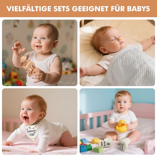 Neugeborenen Geschenk, 7-in-1Baby Geschenkset für Jungen Mädchen: Baby Decke,Schmusetuch, Holzrassel mit Elefant, Lätzchen,Socken in Geschenkbox|Baby Geburt Geschenk, Babyparty Idee-Beige
