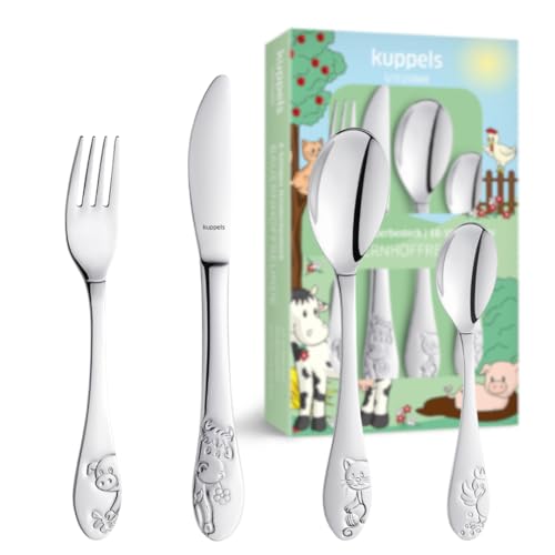 Produktfoto von Kuppels Kinder-Besteck-Set Bauernhoffreunde | 4-teilig | Edelstahl rostfrei | Geprägtes Kinderbesteck ab 3 Jahre für…