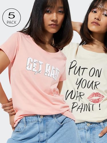 Image of Max Women's Cotton Regular Fit URB N Graphic Printed T-Shirt - Pack of 2