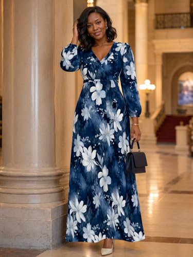 Image of PinkPatty Plus Size Dresses for Curvy Women V Neck Flowy Long Sleeves Wrap Maxi Dress Travel Vacation Outfits
