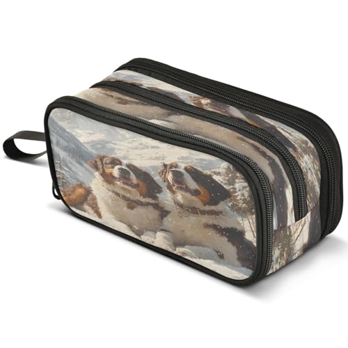 Image of ALAZA Winter Bernard Large Pencil Case, Pen Pouch Pencil Bag with 3 Compartments Pen Holder Organizer Stationery Bag