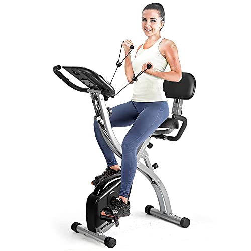 Wonder Maxi Folding Magnetic Exercise Bike, Upright Bike Indoor Workout Exercise Bike with Front & Back Arm Resistance Bands | LCD Monitor | Pulse Sensor | Phone Holder | Backrest