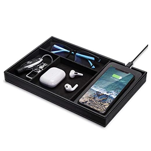 Valet Tray, Built in Wireless Charging Pad, Nightstand Organizer, Dresser Organizer, Mens Jewelry Box, Valet Charging Station, Faux Leather Valet Tray for Men and Women, (Black)