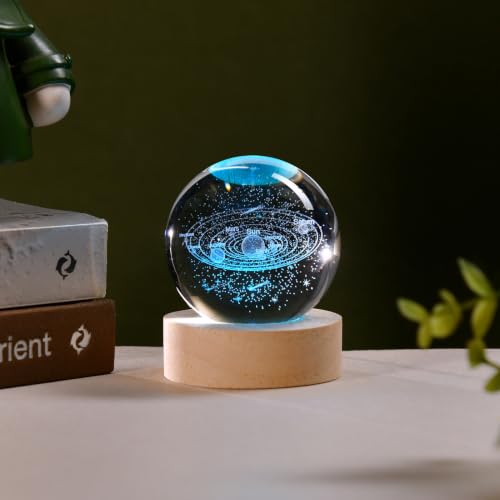 Image of IFOLAINA 3D Solar System Crystal Ball Laser Engraved Glass Sphere Home Decor with Wooden Light Base | EngravDecorative Solar System Globe Model Astronomy Decor Gift for Boys Girls Physics Enthusiasts Space Model Collectors