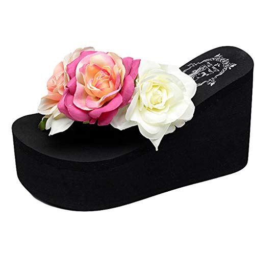 Mujer Chancletas Tacón Alto Bohemia Zapatillas De Sandalias De Playa Zapato Casual de Verano Zoelove Zapatillas Super Altas Tacon Flores/Black,41