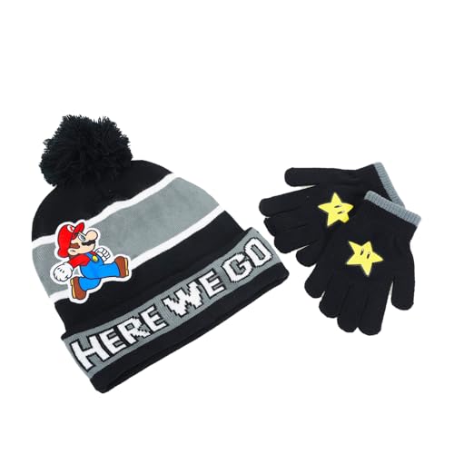 Image of Super Mario Winter Hat and Mittens Set - Bundle with Knit Beanie, Gloves, Stickers for Toddlers | Super Mario Bros Cold Weather Pack for Kids