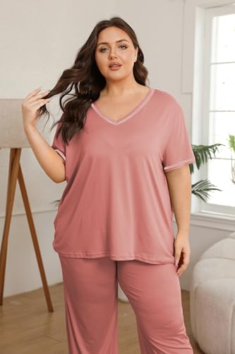 Image of Vozanet Women's Plus Size Pajama Sets Short Sleeve Long Pants Solid Color with Piping Trim Elegant Loungewear Cozy Sleepwear