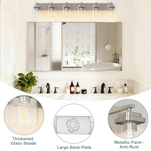 Image of Brushed Nickel Bathroom Light Fixtures, 6 Lights Bathroom Lighting Fixtures Over Mirror, Square Design & Rectangle Large Backplate, Modern Vanity Lighting Fixtures, for Living Room /Bedroom