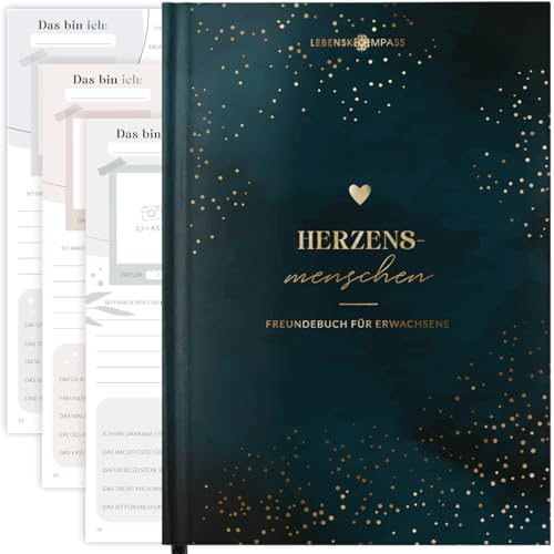 LEBENSKOMPASS Freundebuch für Erwachsene HEART - Ein Erwachsenen Freundebuch mit für 30 Freunde abwechselnden Vorlagen & extra Gemeinschaftsseiten A5 Hardcover mit Goldveredelung