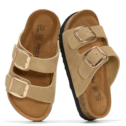 Image of Project Cloud Kids Sandals 100% Genuine Leather - Natural Cork Footbed Non-Slip Slides for Kids - Lightweight Boys & Girls Sandals - Water-Resistant Girls & Boys Sandals