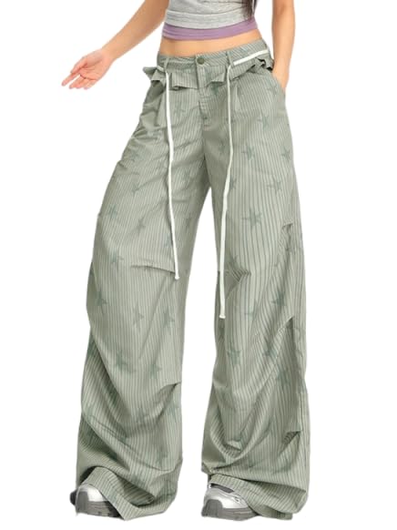 meilun Striped Star Casual Pants Straight-Leg High-Waisted Flattering Wide-Leg Paratrooper Pants