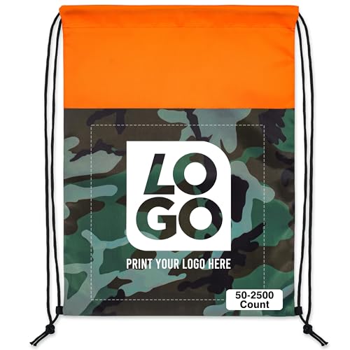USMG 50 CT. One Color Print Custom Colored Camo Drawstring Backpack Tote Bags, Workout Bag String Bag For Promotional Gifts (Camo - Orange)